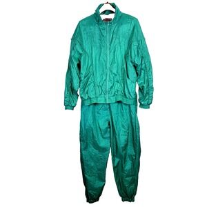 Vintage Shell Shock Woman's Track Suit Jog Suit Windbreaker Size L Teal 80-90's